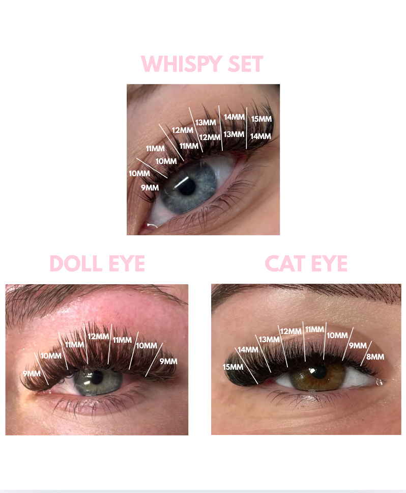 Three different lash maps, whispy set, doll eye, cat eye.