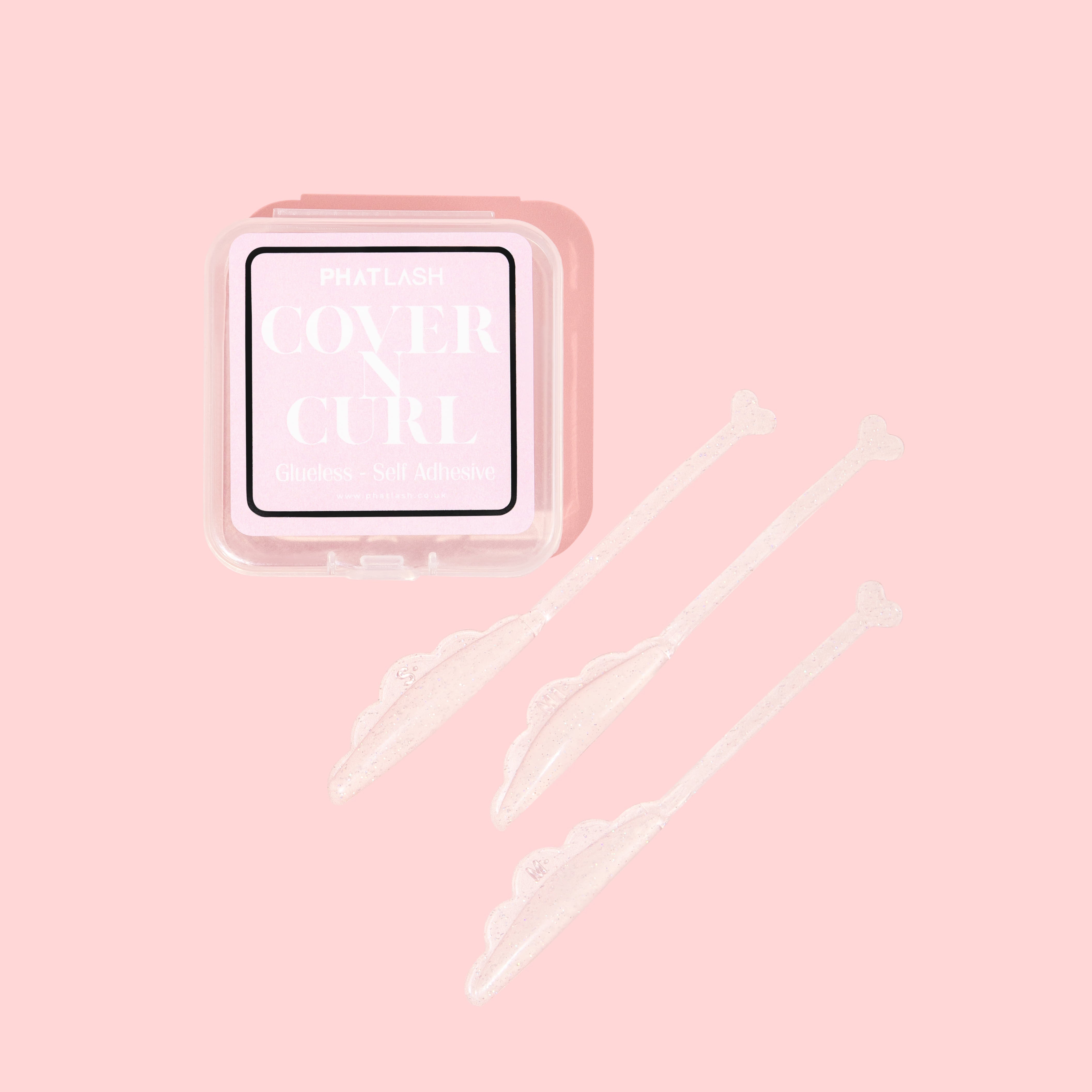 Pink box with the 'Cover N Curl' lash lift shields on a pink background